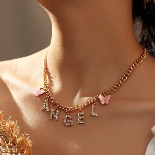 HaHaGirl Cute Butterfly Choker Necklace For Women BABY HONEY ANGEL Crystal Letters Pendant Necklace Trendy 2021 New Jewelry