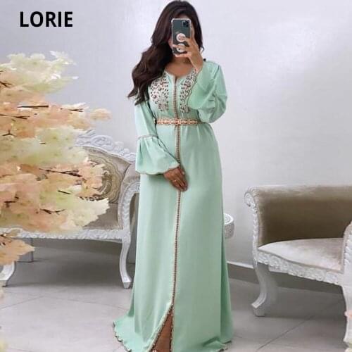 LORIE Beading Green Moroccan Kaftan Formal Evening Dresses with Long Sleeve Prom Special Occasion Gowns Mother Dress Vintage