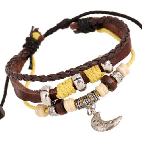 Vintage Fashion Women Girl Bracelet Cuff Leather Moon Star Beads Charm Braided Wristbands Wrap Bangle Retro Casual Jewelry Gift
