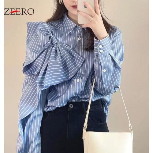 Women Casual Blue Striped Button Up Shirt Blouse Korean Fashion Long Sleeve Bowknot Patchwork Ladies Blouses Tops Woman Shirts