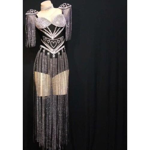 Female Black Rhinestone Tassels Spaghetti Performance Outfits Womens Fashion Acrobatics Stage Catsuits Women Sexy Dancer Wear