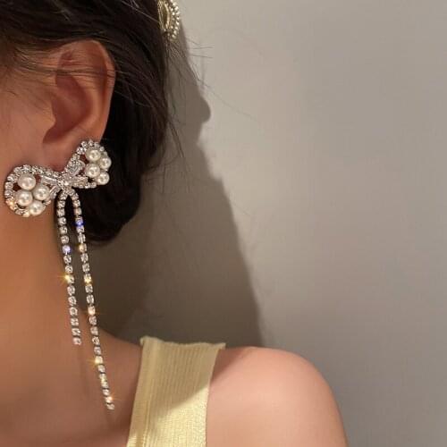 Exaggerated Big Bowknot Shining Rhinestone Pearls Long Tassel Earrings for Women Girls Elegant Graceful Earrings Fashion Jewelry