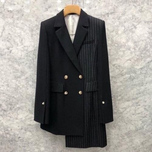 2019 Autumn Stripe Split Joint Small Suit Long Loose Coat Woman Irregular Both Row Buckle Blazer 190419