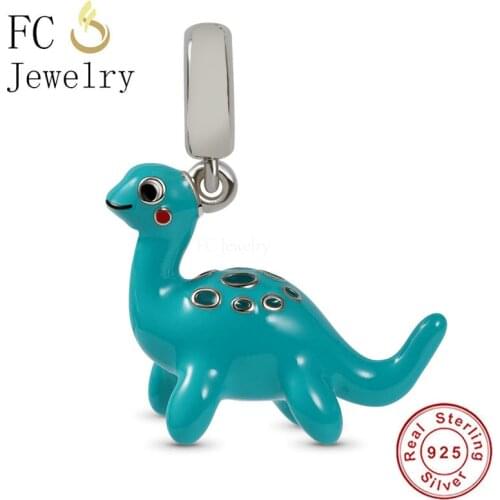FC Jewelry Fit Original Charm Bracelet Authentic 925 Sterling Silver Green Enamel Dinosaur Bead For Making Women Berloque 2021