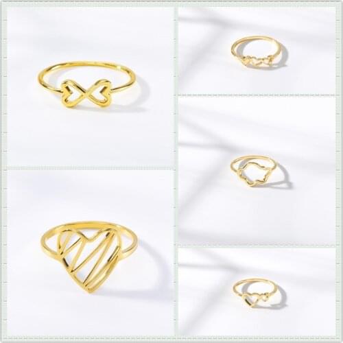 Cute Heart Ring Glamour Hollow Geometric Ring For Woman Stainless Steel Double Heart Golden Ring Friendship Gift Bijoux femme bf