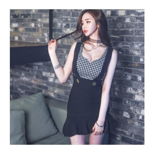 2020 Fashion Women Dress Sleeveless Fake 2pcs Plaid Suspender One-piece Dress Ruffles Slim Bodycon Sexy Dress Vestidos Robe