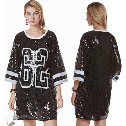 Summer Casual Elegant Straight Half Sleeve O-neck Number High Street Black Red Silver Gold Sexy Club Sequin Women Dress 9948