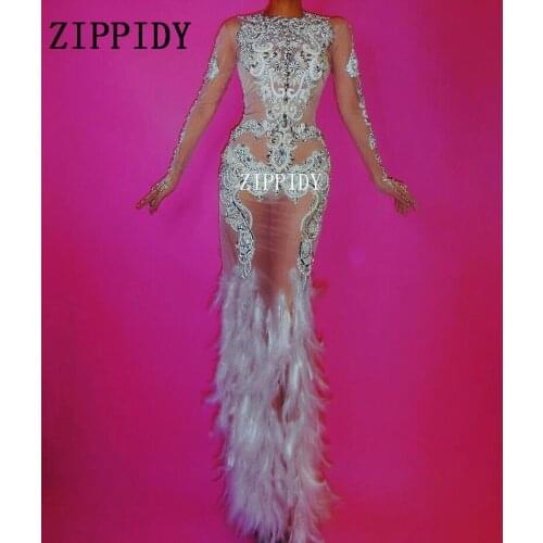 New Fashion Luxurious Rhinestones Dress Glisten Evening Feather Mesh Dress Womens Prom Birthday Celebrate Crystals Dresses