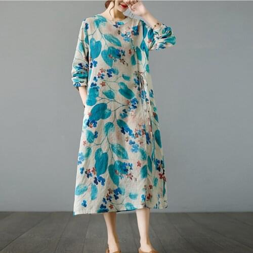 2021 New Arrival Chinese Style Vintage Autumn Dress Thin Soft Cotton Linen Beading Office Lady Work Dress Women Casual Dress