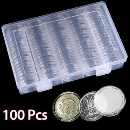 100Pcs 30mm Clear Round Coin Cases Capsules Container Holder Storage Box Plastic