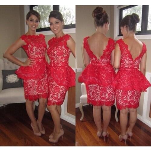 Free shipping red lace bridesmaid dresses Sexy backless ruffles knee-length party prom gown sexy handmade short sheath 2015 new