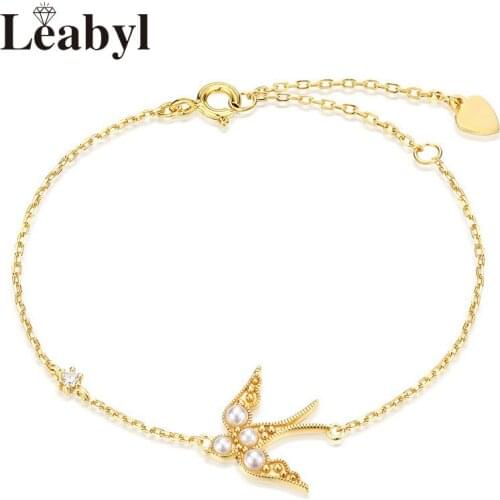 Leabyl Classic Design Gold Color Swallow Chain Link Bracelet Freshwater Pearls 925 Sterling Silver Charm Bracelet Jewelry Gift