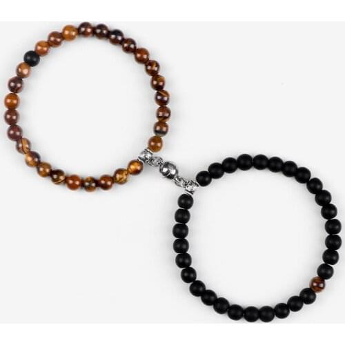 Fashion 2pcs Natural Stone Magnet Bracelet Couple Distance Matching Tiger Eye Onyx Beads Bracelets Handmade Stretch Bangles Gift
