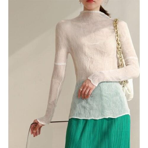 Miyake pleated chiffon t-shirt Spring/Summer 2021 new super stretch slim fit thin skinny bottoming basic Tees for woman