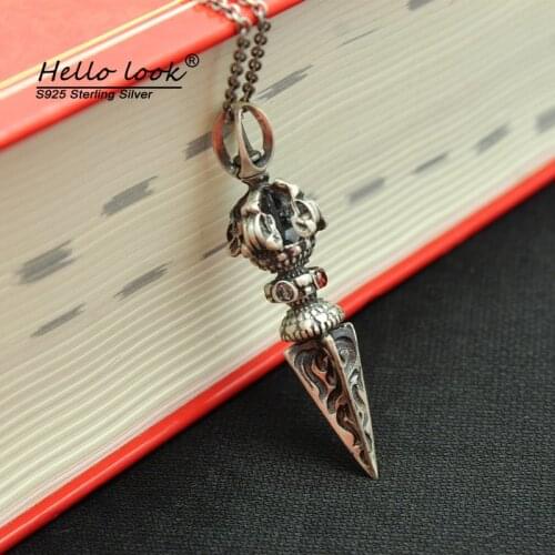 HelloLook 990 Pure Silver Vajra Pestle Inlaid with Zircon Pendant Buddhism Dharma Device Energy Device Handmade