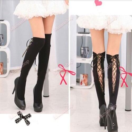 Hot Womens Sexy Punk Rock Lolita Socks Knee High Tights Stockings Black Pub Club Tied Tops Pary Night Club Outfit