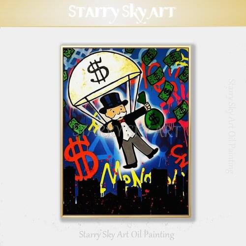 Artist Pure Hand-painted High Quality Rich Man Parachute Jumping Oil Painting on Canvas Fine Art Moneybags for Wall Decoration