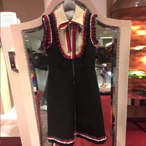 And New black fungus lapel bowknot sleeveless cultivate morality dress