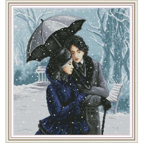 Joy Sunday Cross Stitch Patten Couple In The Snow Handmade Cross Stitch Canvas Printed Embroidery Needlework Kit Home Decoration