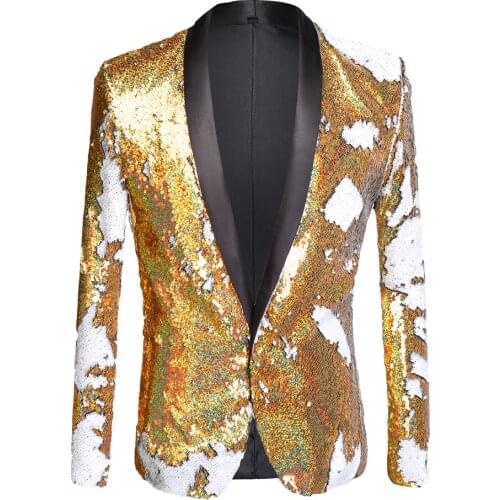 Mens Shining Plus Size Yellow and White Blazer DJ Singers Nightclub Costume Stylish Suit Jacket Stage mens suits sequined jack
