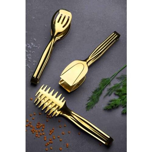 Gold Service Presentation Pasta Cake Salad Cake Tongs Set Kit 3'lü