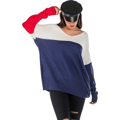 Neatie kiddie Sexy V-neck Color Block Patchwork Sweater Women 2019 Batwing Sleeve Pull Femme Pullover High Street Sweater