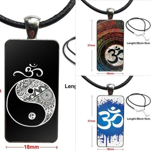 For Girls Wholesale Aum Om Yoga Topmost Necklace With Steel Plated Glass Cabochon Choker Long Pendant Rectangle Necklace