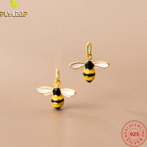 925 Sterling Silver 18k Gold Enamel Bee Charm Bracelet Necklace DIY Jewelry Accessories Wholesale 13.8*10.5*3.2mm