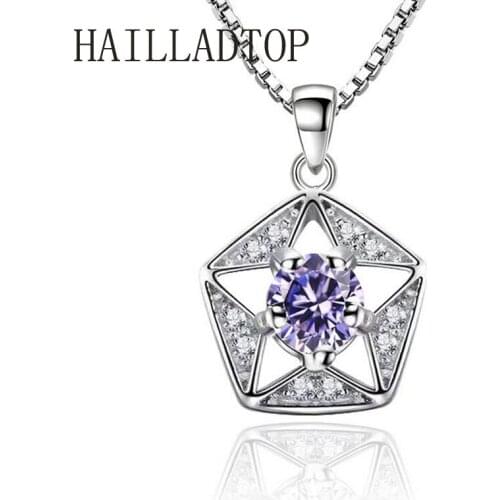 Clear & Purple Centre CZ Stone Hollow Out Pentagram Necklace Pendant Women Wedding Jewelry Silver Color Vintage Necklace
