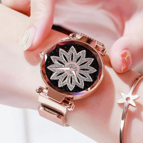 Luxury Casual Rose Gold Steel Quartz Fashion women watch Flower Rhinestone Watches Lady Relogio Feminino Magnet Clock