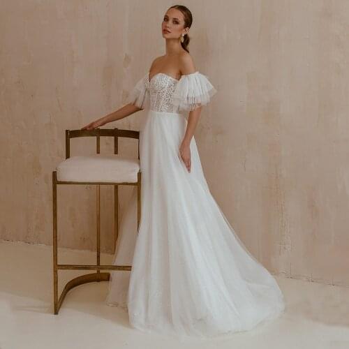Sexy Sweetheart A-Line Wedding Dresses Tulle Off the Shoulder Corset Lace Appliques Sweep Train White Bridal Gowns 2021