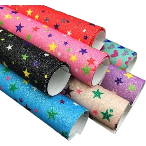 6pcs Sparkly Rainbow iridescent Star Fine Glitter Floral Print PU Leather Fabric Leatherette Bow Craft Earring DIY Material