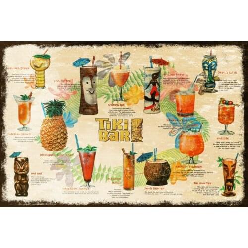 Tiki Bar Summer Cocktail Menu Vintage Retro Style Metal Sign Bar Pub Mancave 12x8 Inches