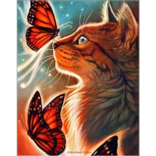 Embroidery Counted Cross Stitch Kits Needlework - Crafts 14 ct DMC Color DIY Arts Handmade Decor - Cat with Butterfly