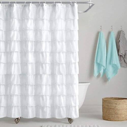 Farmhouse Ruffle Fabric Solid White Shower Curtain Waterproof Thick Bath Shower Curtain for Bathroom Bathtub with 12 Hooks