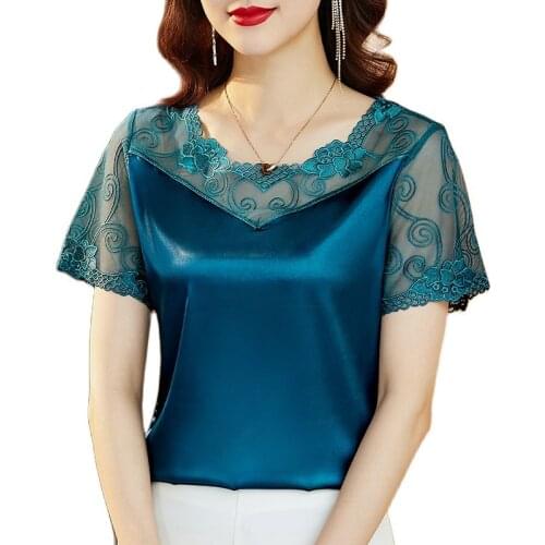 Summer Korean Fashion Silk T-shirts for Women Vintage Satin Tops for Women Lace Short Sleeves Black Office Lady Shirts