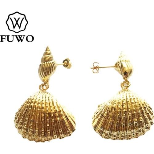 FUWO Natural Seashells Drop Earrings with Gold Filled Fashion Scallop Shell Earrings Women Beach Holiday Jewelry ER533