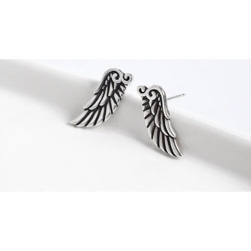 100% Real 925 Sterling Silver Angel Wing Stud Earrings Vintage Guardian Angel Wings Earrings for Women Girls Birthday Gift E0018