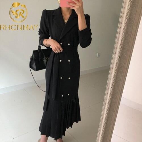Spring Autumn Fashion Chic Korean Office Lady Brief Bandage Long Dress Women Elegant sheath trumpet Vintage Blazer Dresses Robe