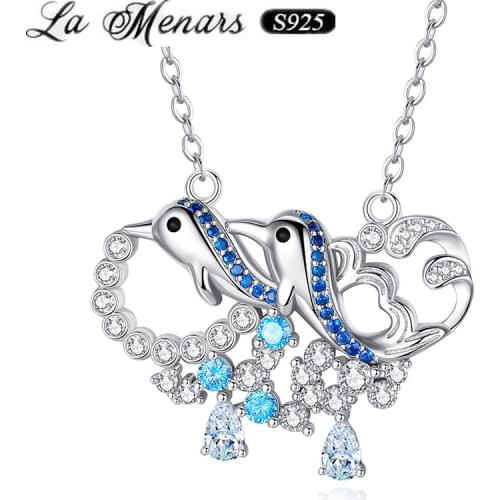 La Menars New Genuine 925 Sterling Silver Surfing Dolphin Pendant Necklace Link Chain Silver Jewelry Gift For Women
