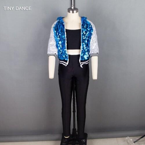 4 in 1 Jazz and Tap Costume Set including Mid-Sleeve Hooded Sequin Jacket, Bra Top, White Singlet and Black Spandex Pants 18315
