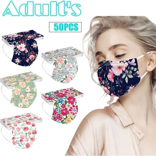 50pc Floral Disposable Face Mask With Design For Women Mouth Nose Cover 3ply Pm2.5 Filter Masks Halloween Cosplay Mascsrillas