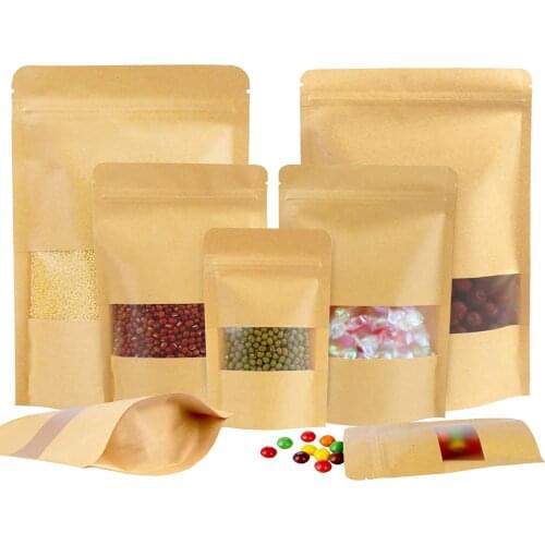 50pcs Kraft Paper Bags Zip Lock Brown With Window Stand Up Resealable Grip Ziplock Pouches Tea Coffee Bean Candy Packaging Food
