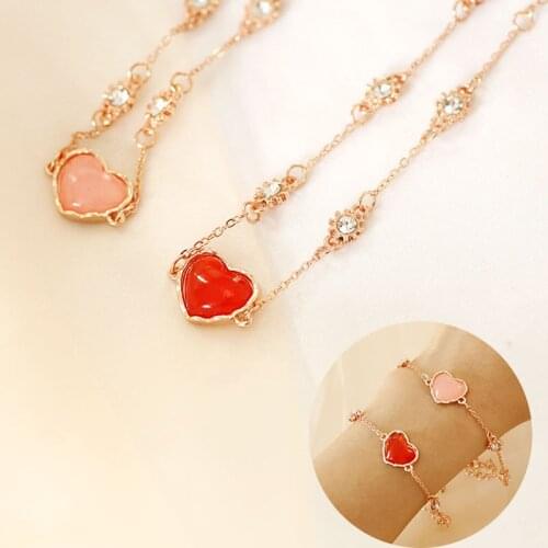 Romantic Sweet Red Pink Heart-shaped Bracelet Creative Womens Anniversary Natural Stone Bracelet Valentines Day Jewelry Gift