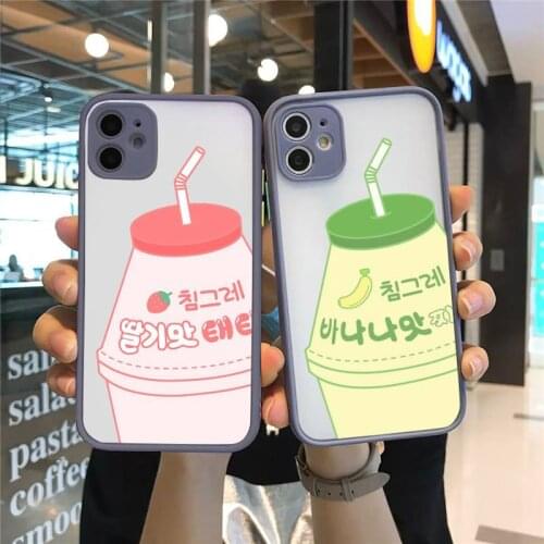 Strawberry Banana Milk Drink Phone Case For iPhone 12 11 Mini Pro XR XS Max 7 8 Plus X Matte transparent Gray Back Cover