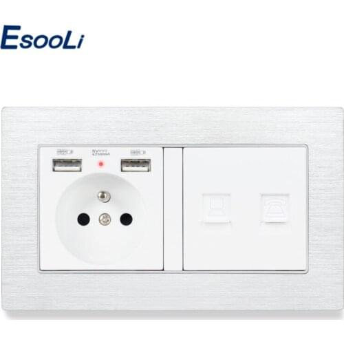ESOOLI Aluminum Metal Panel French Standard Socket with 2 USB Charge Port + RJ45 Internet Jack and RJ11 Telephone Connector