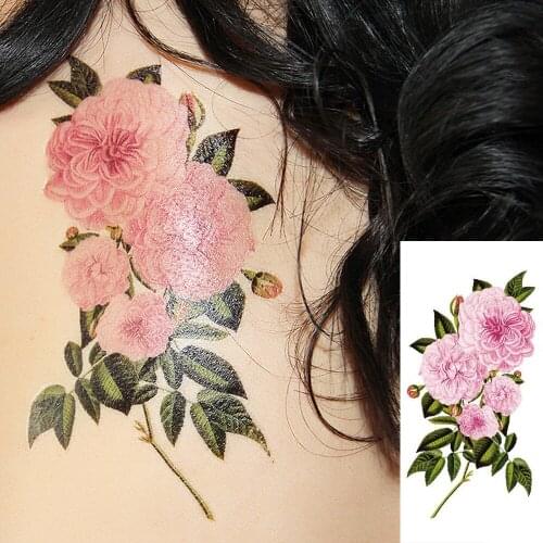 Flash Henna Tattoo Fake Temporary Tattoos Stickers Sexy Romantic Pink Rose Flowers Tattoo Arm Shoulder Tattoo Waterproof Women