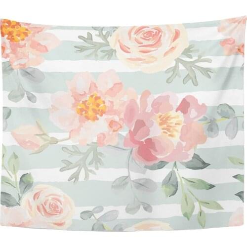 Tapestry Pale Pink Roses and Peonies Gray Leaves Striped Romantic Tapestries Wall Hanging for Living Room Bedroom Dorm