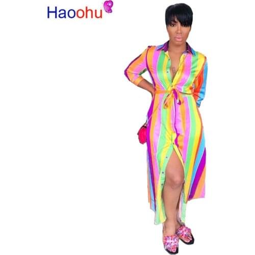 HAOOHU Rainbow Striped Shirt Maxi Dress Long Sleeve 2019 Fall Fashion Women Clothing Vestidos Casual Elegant Ladies Dresses