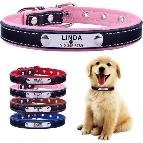 Leather Dog Collar Personalized Custom Engraved Name Plate Puppy Pet Dogs XS/S/M/L Dog Tag